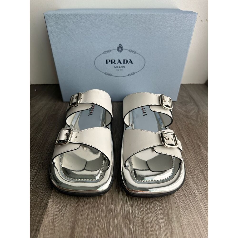 PRADA Natural 20mm Double Buckle Slide Sandal With Metallic Soles In Bianco US40 - Picture 2 of 11